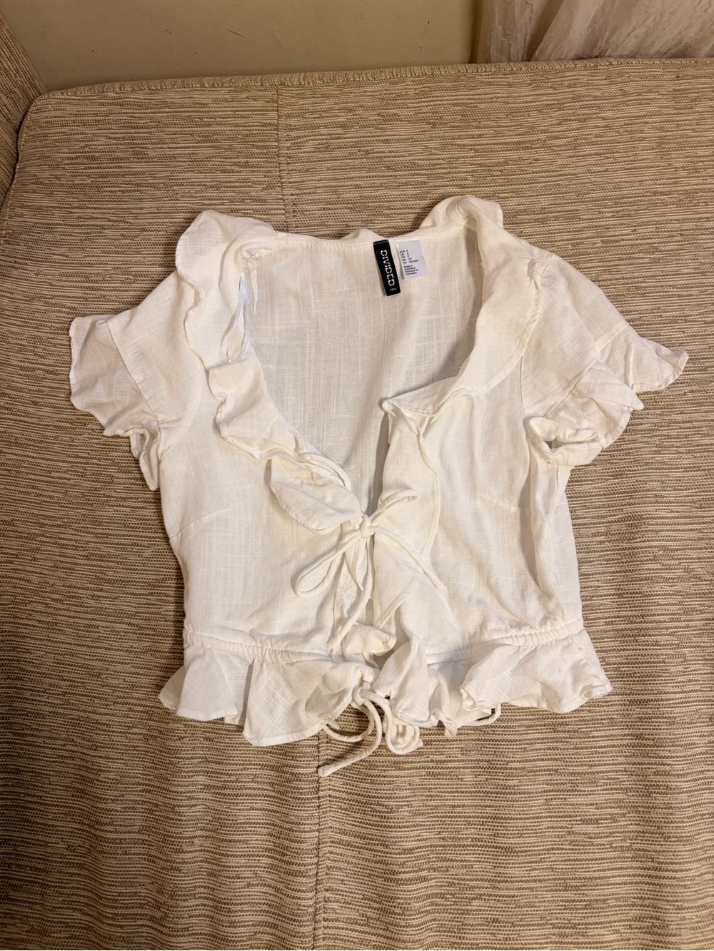 Divided White Ruffle Tie-Front Top